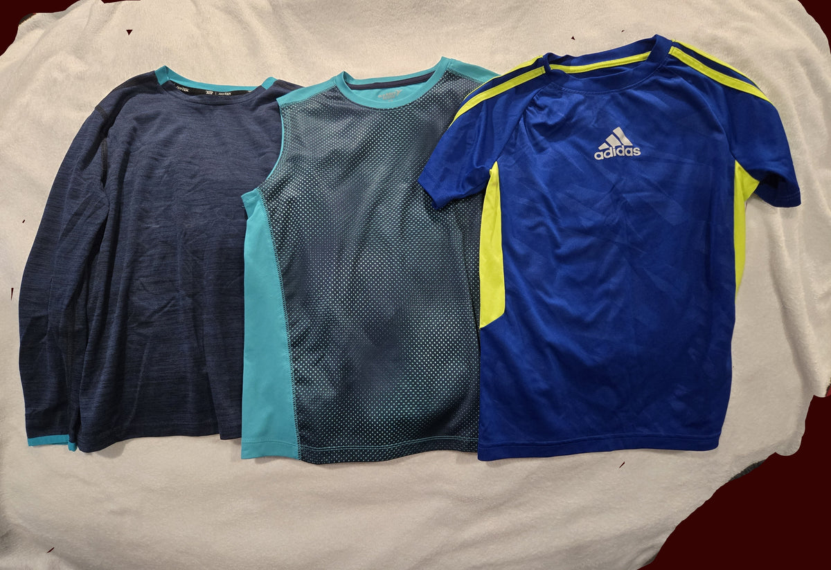 3 blue activewear shirts adidas, drytek, OldNavy - size Youth - 8 (M)