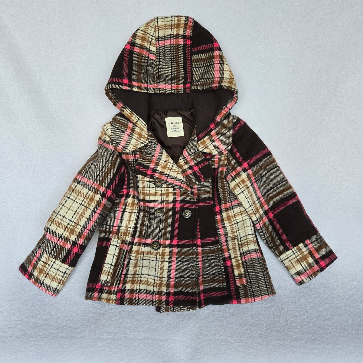 Old Navy brown pink plaid wool coat, EUC - size Youth - 5 (XS)