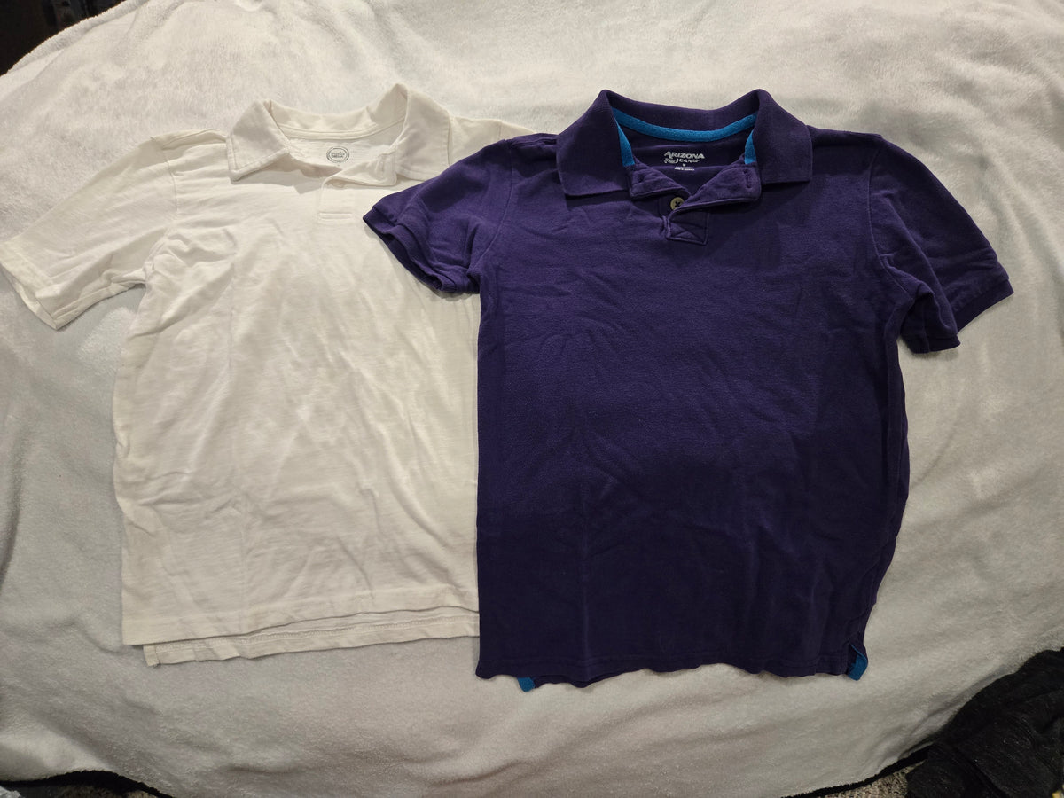 2 polos, white, purple VGUC - size Youth - 8 (M)