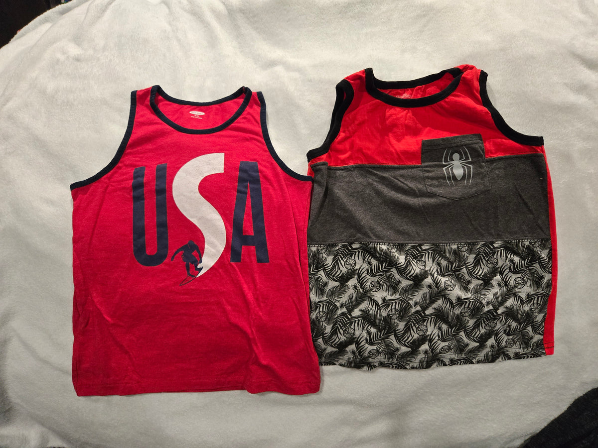 2 red tank tops USA and Spiderman - size Youth - 8 (M)
