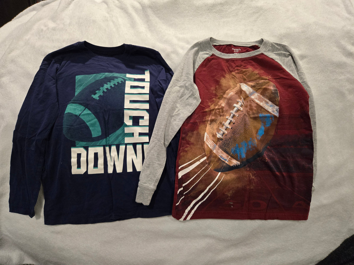 2 long sleeve football tees, VGUC - size Youth - 8 (M)