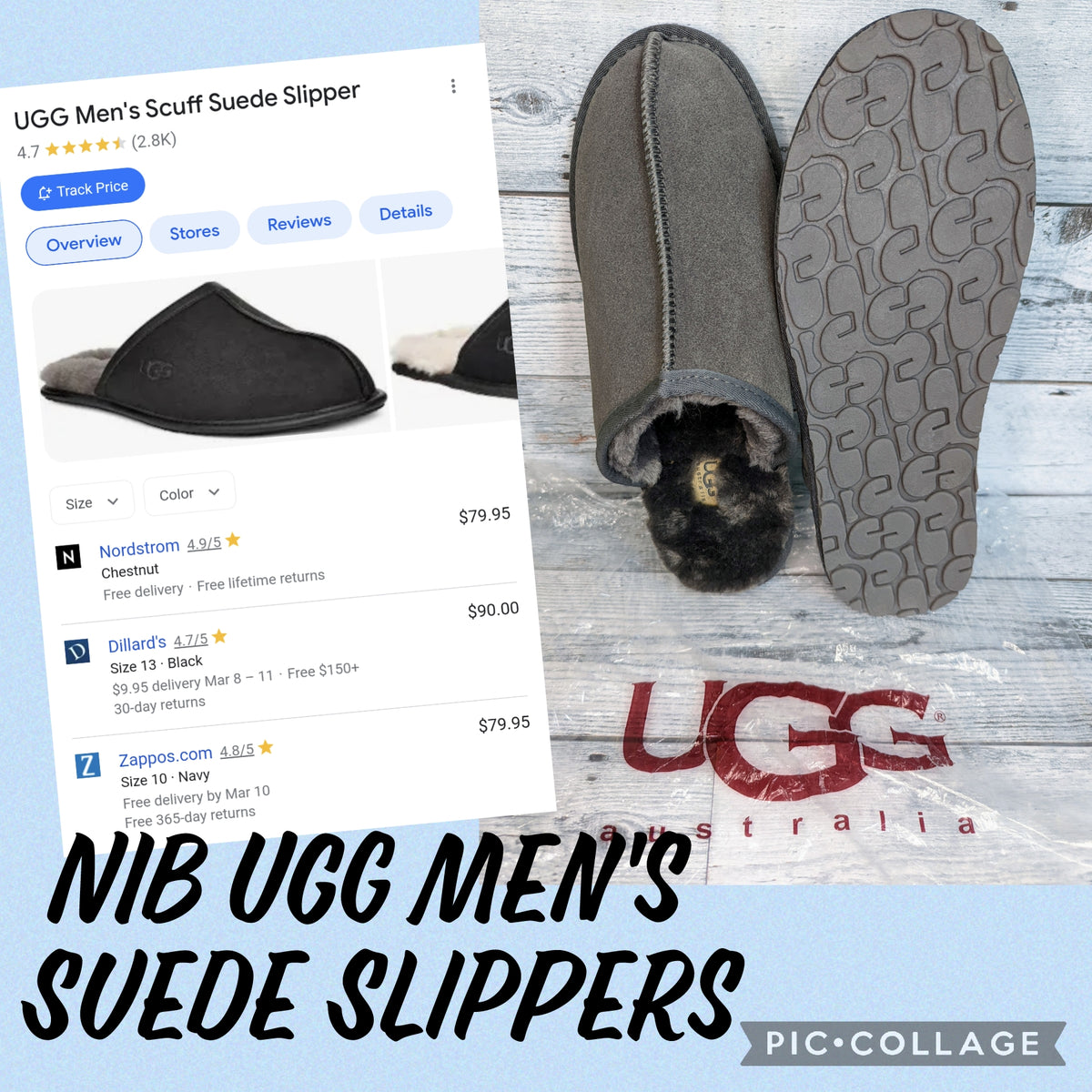 NWOT Grey UGG Leather Slippers - bagged no box