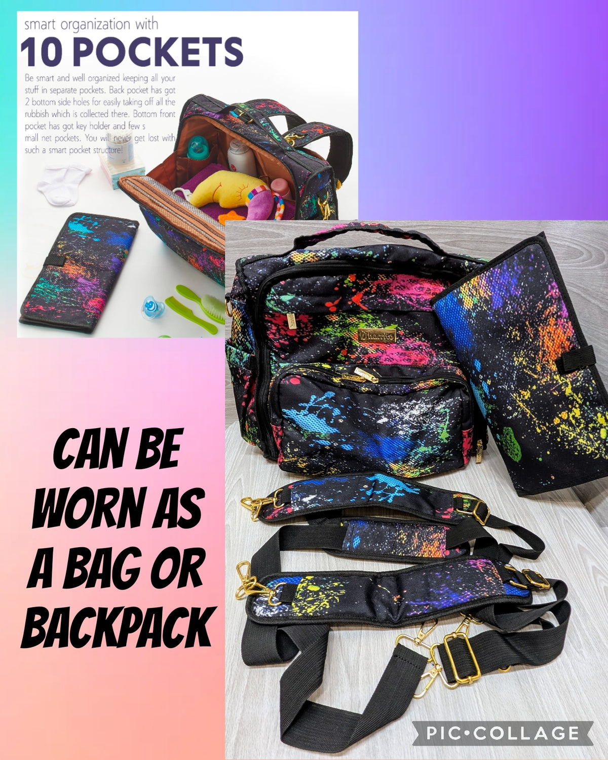 Rainbow splatter diaper Bag