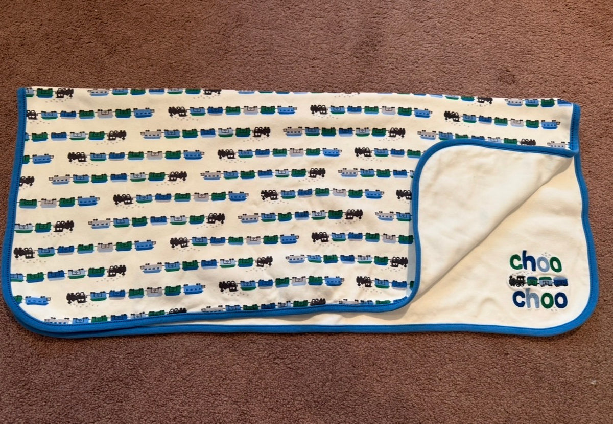 Adorable Train Blanket White, Blue, and Green