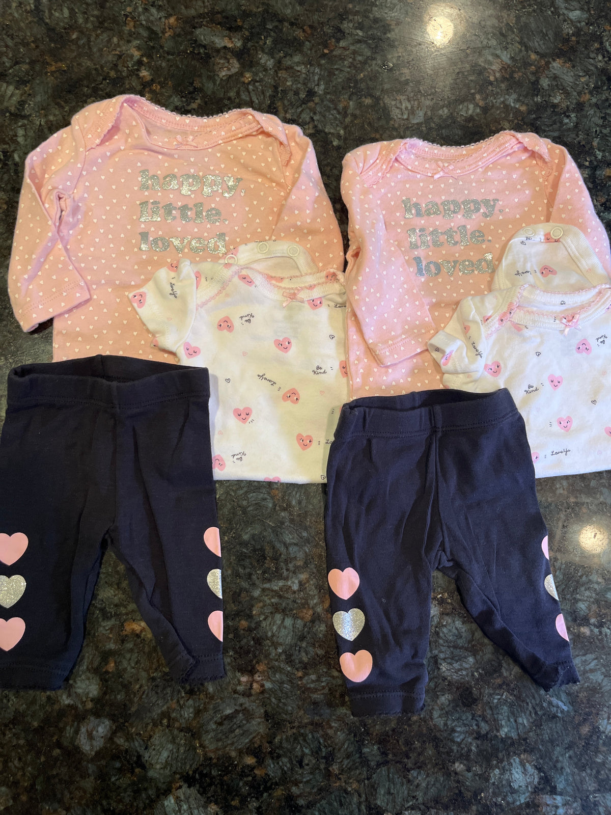 4 tops, 2 pants, pink Hearts - size Month - Newborn