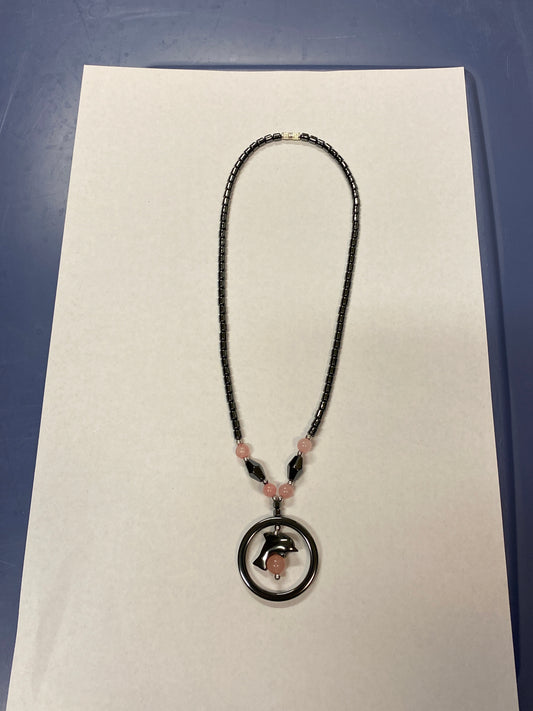 Necklace pink beads Black Silver dolphin